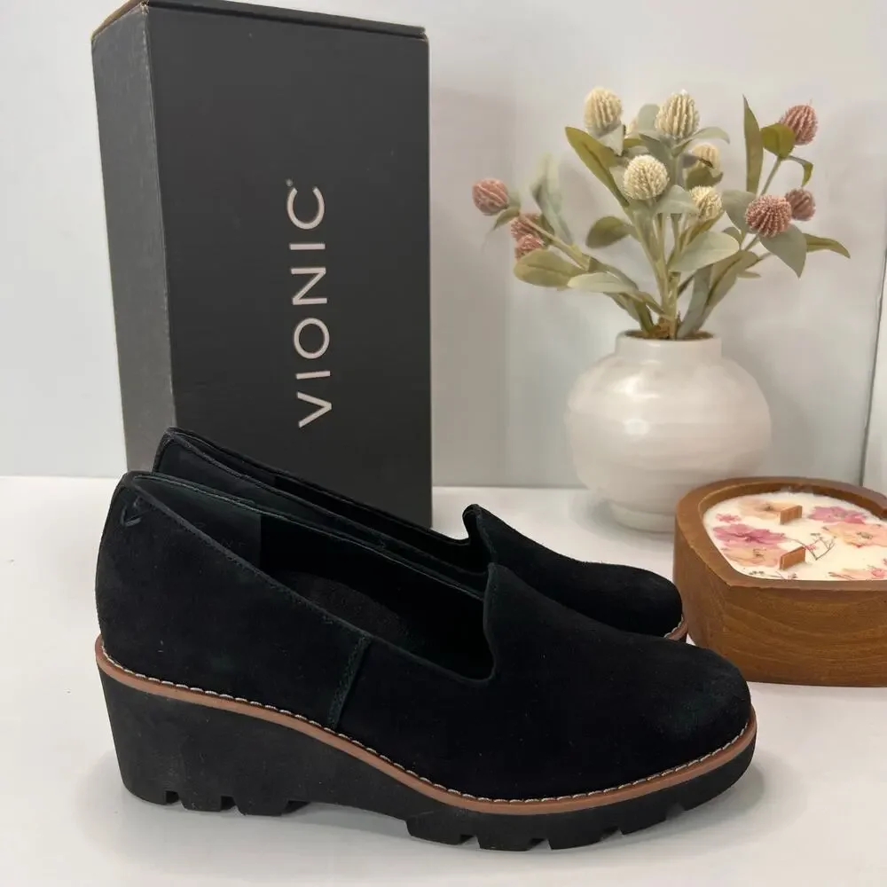 Vionic Willa Wedge Loafers Suede Slip On Black Women 6 Tried On Water Repellent